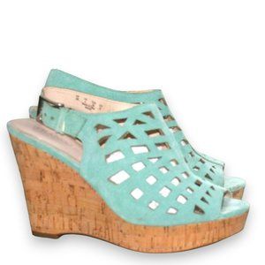 FRANCO SARTO SASSY CORK SHEA LIGHT TEAL WEDGED SANDALS